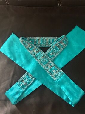 Turquoise Beaded Satin Sash Belt - 34 inches